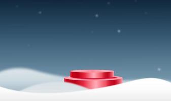 Red podium on Christmas bokeh falling snow with snowy landscapes isolate on png or transparent  background with sparkling  snowflake, star light  for New Year, Birthdays, Special event, luxury card, photo