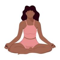 Woman in lotus position doing yoga. The girl is meditating. Vector illustration isolated on white background. Flat style. Black girl doing yoga.