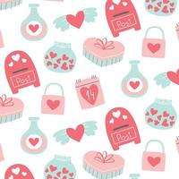 Cute seamless pattern for valentines day. Pattern with hearts, mailbox, gift. Romantic print. Vector illustration. Flat style.