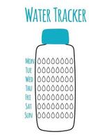 Vector water tracker template. Water control. Water drinking check sheet. Water tracker in the shape of a bottle. Vector illustration. Doodle style.