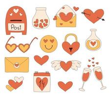 Retro valentines day. Set of groovy retro elements for valentines day. Collection of Hearts, mail, love, glasses in the style of the 70s. Vector illustration.