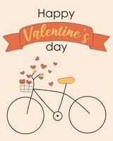 Groovy retro postcard for Valentines day. Cute postcard with a bicycle and hearts. Romantic card with a bicycle with hearts. vector illustration. Retro style 60s 70s.