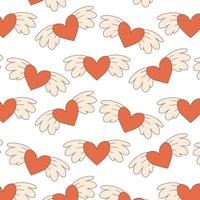 Groovy seamless pattern with hearts and wings in retro style. Print for valentines day. vector illustration. flat style. Retro 70s 60s.