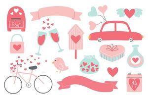 Set of valentines day elements. Collection of gift, bird, heart, calendar, mailbox. Vector illustration in a flat hand drawn style.