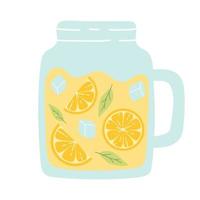 Pitcher with lemonade. Cool lemonade with pieces of lemon, mint and ice. Vector illustration isolated on white background. Flat style.