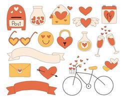 Retro valentines day. Set of groovy retro elements for valentines day. Collection of Hearts, mail, love, glasses in the style of the 70s. Vector illustration.