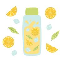 Bottle with lemonade. Cool lemonade with pieces of lemon, mint and ice. Vector illustration isolated on white background. Flat style.