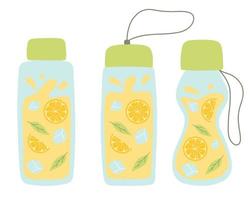 conjunto de botellas con limonada. colección de limonadas frías con rodajas de limón, menta y hielo. ilustración vectorial aislado sobre fondo blanco. estilo plano vector