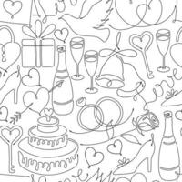 Seamless doodle pattern with single line drawing of romantic symbols. Hearts rose cake gift bells rings dove shoe wineglass champagne gift love key heart shaped padlock. Decoration for Wedding. Vector