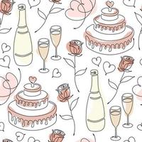 Seamless pattern with single line drawing of romantic symbols. Cake, rose, hearts, wine glasses, champagne bottle. Pastel color spots on background. Decoration for Wedding and Valentines day. Vector