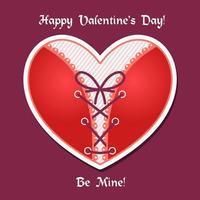 Pre-made Valentines Day greeting card. Red corset heart with lacing. Vector illustration for 14th of february.