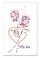 Valentine card with two roses, heart, abstract pastel color shapes, love short phrase. Minimal laconic graphic style with one line drawing. vector