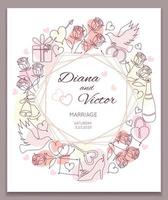 Wedding invitation with one line art romantic symbols. Hexagonal frame with copy space. Vector illustration with pale colors