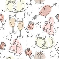 Seamless pattern with single line drawing of romantic symbols. Rose, hearts, bells, wedding rings, wine glasses, gift box Pastel color spots on background Decor for Wedding and Valentines day Vector