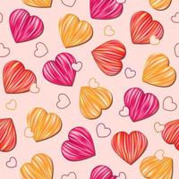 Valentines day seamless background with striped red, yellow, pink hearts. Vector pattern for decoration of wedding, engagement event