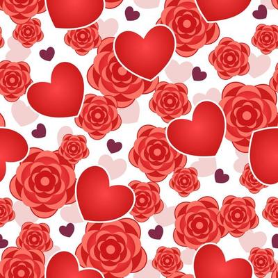 Valentines day seamless background with romantic symbols, heart, rose, flower. Vector pattern for decoration of wedding, engagement event, Valentines Day.