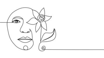 Woman face with flowers one line drawing. Continuous line drawing art. Flower bouquet in woman vector