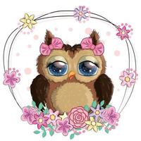 Cute Cartoon Owl on a meadow with flowers and butterflies vector