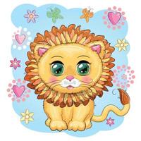 Cartoon lion with expressive eyes. Wild animals, character, childish cute style. vector