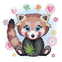 Red panda, cute character with bamboo leaves, greeting card, bright childish style. Rare animals, red book, bear vector