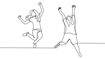 continuous line drawing of four jumping happy team members vector