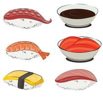 japanese cuisine, set of asian food. for restaurant menus and posters. delivery sites vector flat illustration isolated on white background. sushi rolls onigiri soy sauce set. stock picture