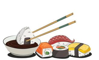 japanese cuisine asian food. for restaurant menus and posters. delivery sites vector flat illustration isolated on white background. sushi rolls onigiri soy sauce set. stock picture