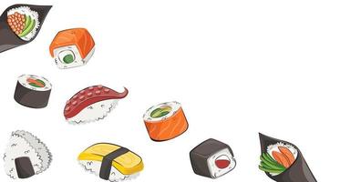 japanese cuisine, asian food. for restaurant menus and posters. delivery sites vector flat illustration isolated on white background. sushi rolls onigiri soy sauce set. stock picture