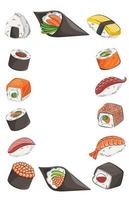 japanese cuisine, asian food. for restaurant menus and posters. delivery sites vector flat illustration isolated on white background. sushi rolls onigiri soy sauce set. stock picture