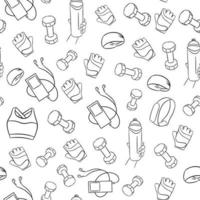 Seamless pattern of sports dumbbells, smart watches, fitness clothes. vector