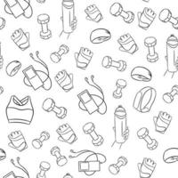 Seamless pattern of sports dumbbells, smart watches, fitness clothes. vector