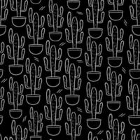 Seamless pattern with cute hand-drawn cacti black background. vector