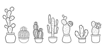 conjunto de cactus dibujados a mano en macetas vector