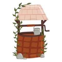 Stone well with rope, bucket, roof and green creeper vector