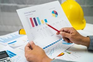 Asian engineer with architectural house plan project blueprint, graph and yellow helmet and engineering construction tools. photo