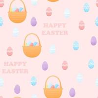 Colourful pattern with easter eggs and baskets, happy easter ornament for textile or wrapping paper, banners in childish style on pink background vector