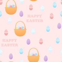 patrón colorido con huevos y cestas de pascua, feliz adorno de pascua para textiles o papel de envolver, pancartas en estilo infantil sobre fondo rosa vector