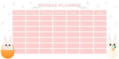Cute printable weekly planner with bunny, easter concept for timetable template, reminder page for kids, school schedule in cartoon style vector