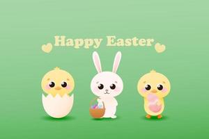 Web banner for easter holidays with cute childish characters, little buny with basket with easter eggs, chiks in shell in cartoon style on green background vector