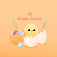 Easter card with cute little chick in shell, easter eggs around, basket with colourful egss and floral elements, egg hunting invitation for kids, happy holidays card in cartoon style vector