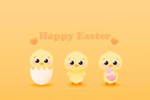 Happy easter banner with cute animal characters - chiks in shell and holding gaint painted egg, childish greeting card on yellow background in cartoon style vector