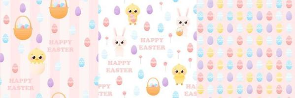 colorido juego de patrones de Pascua con lindo conejito y pollito sosteniendo una cesta con huevos o escondiéndose en cáscara de huevo, adorno infantil para envolver papel o textil, diseño floral, vacaciones de primavera vector