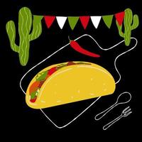 Mexican food illustration tacos on black background with cactus vector