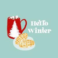 Hello winter text with traditional hot cocoa with marshmallows and waffle illustration vector