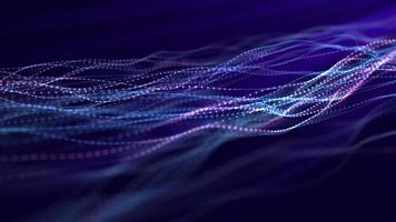 Dna from a moving wave and particles. Abstract dark background. The science of medicine. Biotechnology. The concept of a gene cell. Blue and pink dots with lines. 3d rendering photo