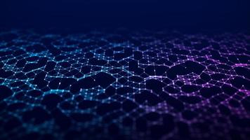 The structure of DNA cells. A grid of blue and pink particles connected by lines on a blue background. The science of medicine. Big data. Futuristic concept of a gene cell. 3d rendering photo