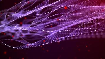 Dna from a moving wave and particles. Abstract dark background. Medical science. Biotechnology. The concept of a gene cell. Purple dots. 3d rendering photo