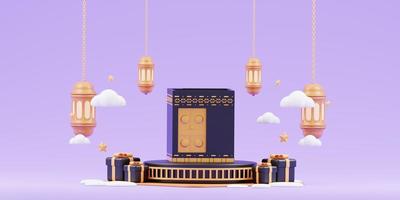 islamic ramadan greeting background with cute 3d mosque and islamic crescent photo