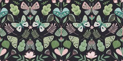Abstract floral seamless pattern with butterflies and moths. Modern exotic design for paper, cover, fabric, interior decor and other use. vector
