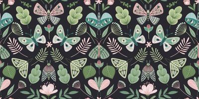 Abstract floral seamless pattern with butterflies and moths. Modern exotic design for paper, cover, fabric, interior decor and other use. vector